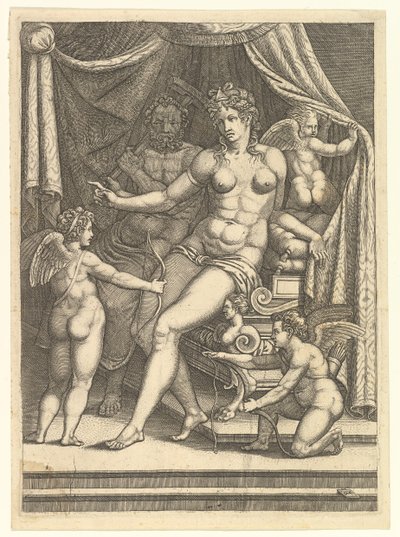 Venus and Vulcan Seated on a Bed and Three Putti by Giorgio Ghisi