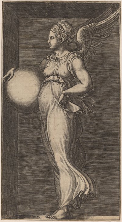 Allegorical Figure Holding a Sphere by Giorgio Ghisi possibly after Giulio Romano