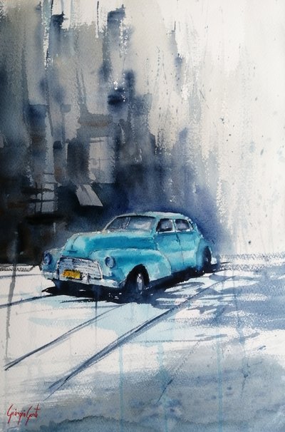 Teal Classic Car Street by Giorgio Gosti