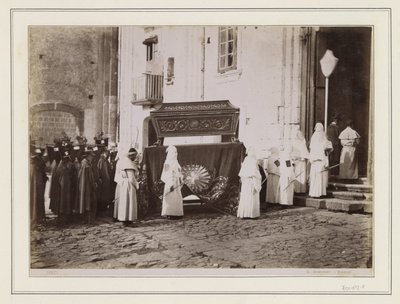 Funeral Procession of Monks with Pointed Hats at Church Entrance in Italy by Giorgio Sommer