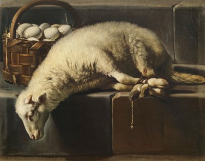 A ligated lamb besides a basket of eggs Allegory of Easter by Giovan Battista Recco