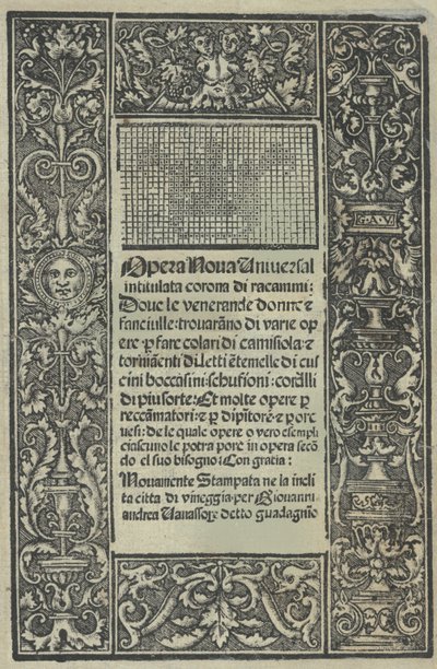 Opera Nova Universali intitulata Corona di racammi, title page recto, [1530] by Giovanni Andrea Vavassore