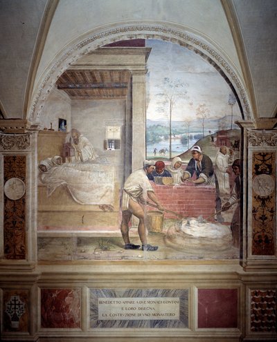 Benedict appears to two monks and presents them the project of a monastery (fresco) by Giovanni Antonio Bazzi Sodoma