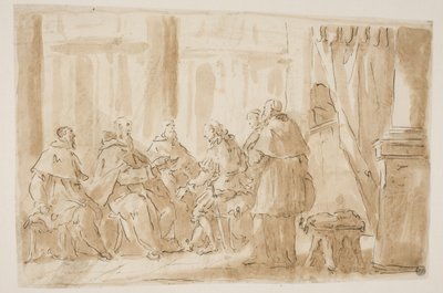 A group of five clergymen speaking with a layman by Giovanni Antonio Pellegrini