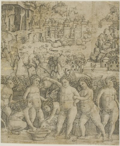 Seven Cupids with Two Rams in a Landscape by Giovanni Antonio da Brescia