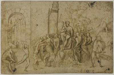Acrobats Performing Before a Ruler; Outdoor Scene with Group of Figures by Giovanni Antonio da Pordenone
