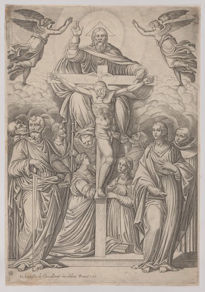 The Trinity, with the crucifixion at center and saints to both sides by Giovanni Battista Cavalieri