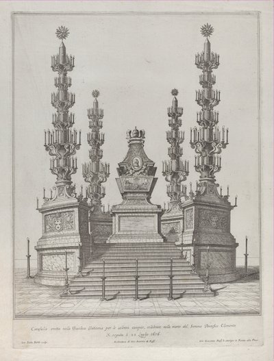 Catafalque for Pope Clement X: a central structure raised on a 15 stepped platform by Giovanni Battista Falda