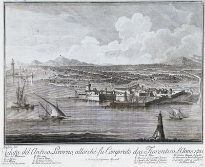View of Livorno port when it was purchased by Florentines in 1421, engraving from Collection of best views of City and Port of Livorno by Giovanni Battista Guerazzi