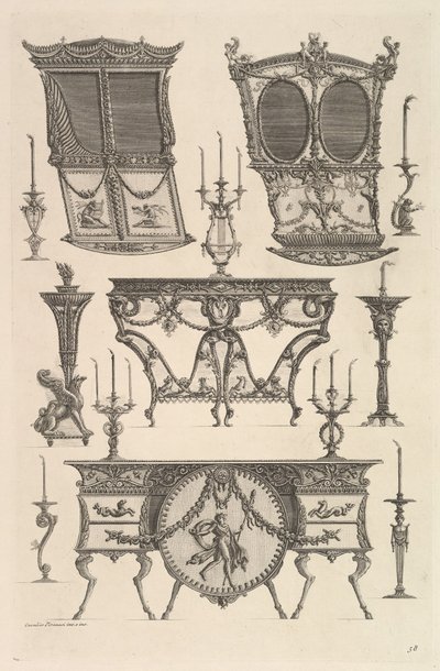 Miscellaneous Furniture Including Two Sedan Chairs, a Side Table and a Commode by Giovanni Battista Piranesi