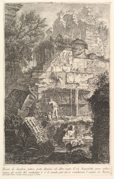 Ruins of an Ancient Tomb in Front of Ruins of an Ancient Aqueduct by Giovanni Battista Piranesi