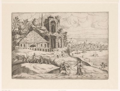 Landscape with Ancient Ruins and the Colossus of Rhodes (Landscapes with Ruins) by Giovanni Battista Pittoni (I)