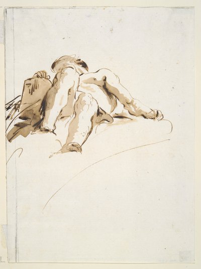 Reclining Male Nude with Right Hand Resting on a Stone Tablet, Seen from Below by Giovanni Battista Tiepolo