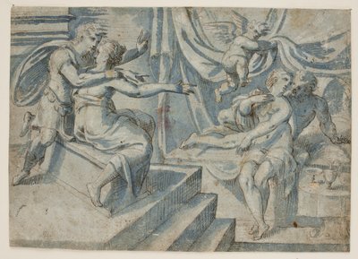 A Loving Couple on a Bed Revealed by a Putto to a Roman Soldier and His Woman by Giovanni Bellini