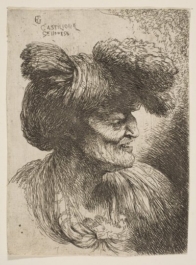 Bust of beardless old man in profile facing right, from the series of Small Heads by Giovanni Benedetto Castiglione