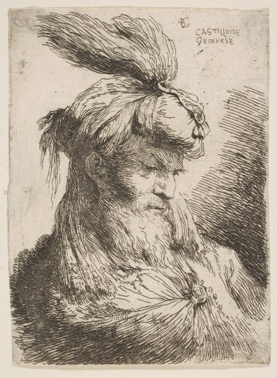 Head of a Bearded Man with a Turban Facing Right, from the Series of Small Heads... by Giovanni Benedetto Castiglione