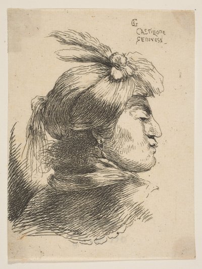 Man Wearing a Small Turban Ornamented with Plumes and Ribbon, ca. 1645-1650 by Giovanni Benedetto Castiglione