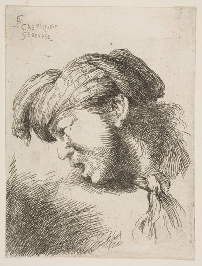 Man wearing a turban, a tie fastened around his neck, facing left, from the series of..., 1645-1650 by Giovanni Benedetto Castiglione