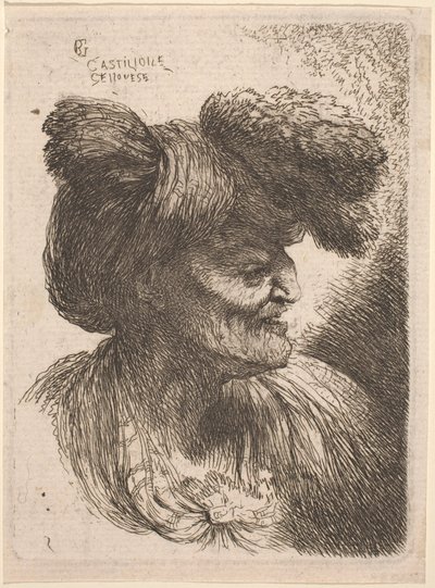 Old Man Wearing a Turban Ornamented with Fur, Facing Right by Giovanni Benedetto Castiglione