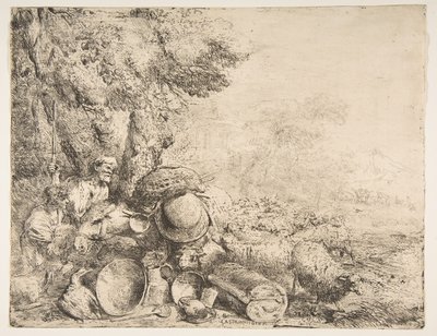 Two shepherds, a donkey and other animals in a landscape by Giovanni Benedetto Castiglione