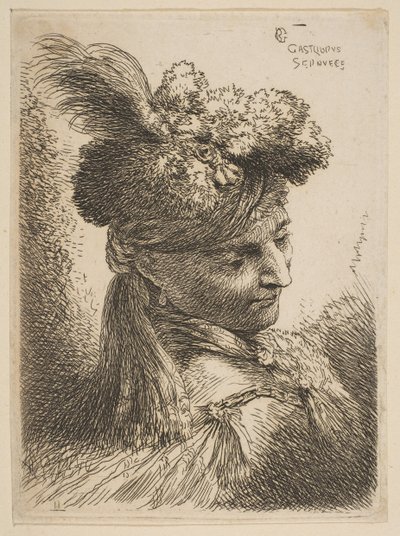Young Man Facing Three Quarters Right Wearing a Fur Headdress with a Plume, Jewel, ca. 1645-50 by Giovanni Benedetto Castiglione