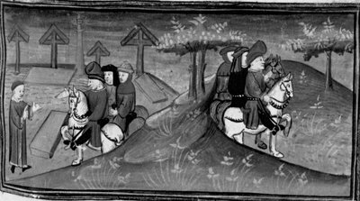 Decameron, Betto Brunelleschi and his brigade meet Guido Cavalcanti; Betto explains Guido