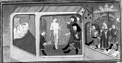 Decameron, Gianni di Procida and Restituta are discovered by King Frederick; Gianni di Procida is condemned to the stake. Fifth day, story 6 by Giovanni Boccaccio