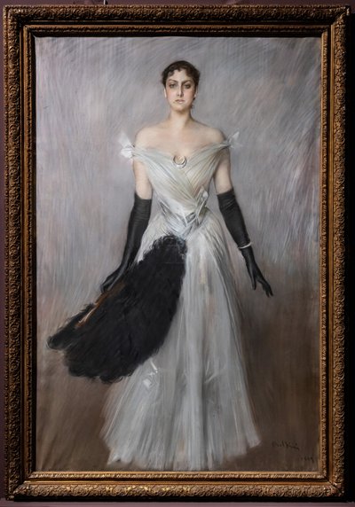 Portrait of a Lady in White with Gloves and Fan by Giovanni Boldini