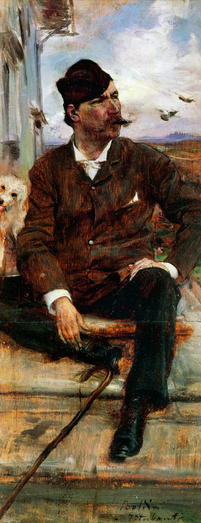 Portrait of the painter Cristiano Banti wearing a plaid hat by Giovanni Boldini