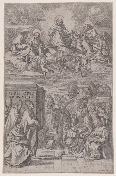 Ecclesiastics in a Landscape Writing, Others in the Heavenly Realm Above by Giovanni Cesare Testa