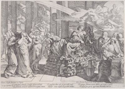 The suicide of Dido who reclines on a pyre in centre, surrounded by many figures by Giovanni Cesare Testa