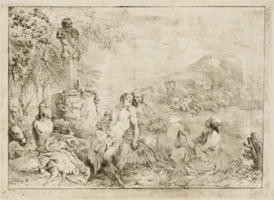 Landscape with a Satyr Family and Classical Sculpture by Giovanni David after Giovanni Benedetto Castiglione