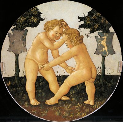 Putti playing, detail from back of birth tray (round painting) by Giovanni Di Ser Giovanni Lo Scheggia Guidi