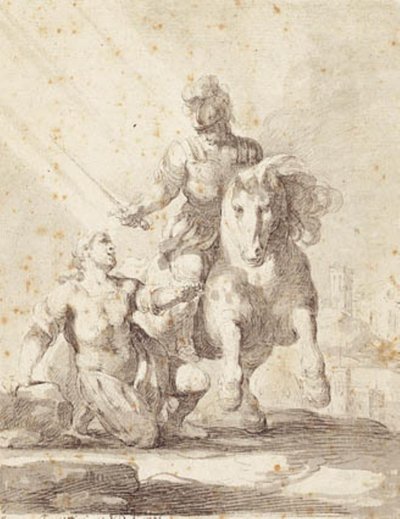 Soldier in Antique Clothing Swinging a Sword over a Kneeling Soldier by Giovanni Domenico Ferretti