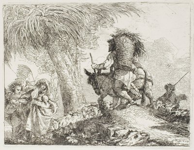 Mary, Helped by an Angel, and Joseph Carrying the Basket, Passing a Flock, plate 24 from The Flight into Egypt by Giovanni Domenico Tiepolo