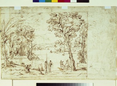 Landscape with figures on a riverbank by Giovanni Francesco Grimaldi