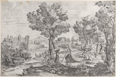 Landscape with a Man Holding a Snake to a Terrified Child, Watched by a Fashionably Dressed Person by Giovanni Francesco Grimaldi