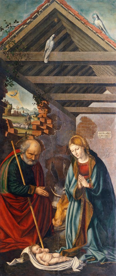 Adoration of Child, central panel of Triptych depicting Nativity with Saints Francis and Bartholomew with two donors by Giovanni Girolamo Savoldo