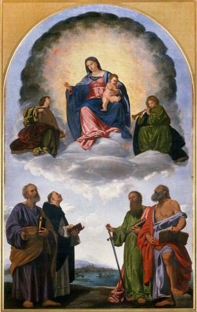 Madonna in Glory with the Christ Child, Two Angels Musicians, St. Peter, St. Dominic, St. Paul and St. Jerome (Pesaro Altarpiece) by Giovanni Girolamo Savoldo