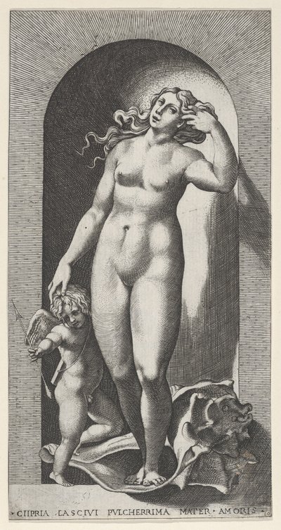 Plate 10: Venus in a niche, standing on a conch shell, with Cupid to her right by Giovanni Jacopo Caraglio