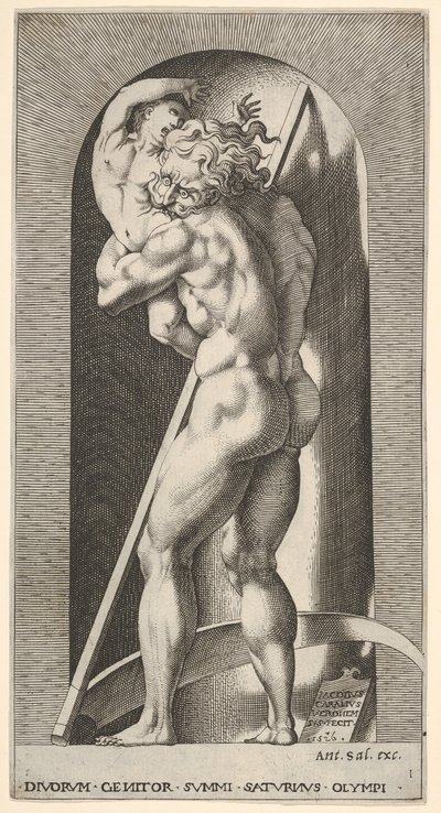 Plate 1: Saturn in a niche devouring his son, standing before a scythe by Giovanni Jacopo Caraglio