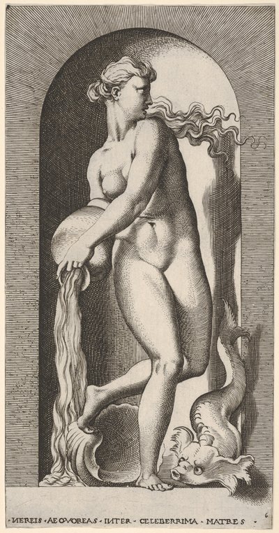 Plate 6: Thetis Standing in a Niche with a Shell and Sea Creature, Pouring Water, 1526 by Giovanni Jacopo Caraglio