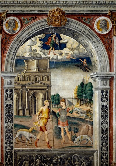 Sign of the Zodiac: Aquarius. On top medallions with portraits of emperors Septimius Severus and Pescennius Niger, his rival. Below, legend associated with the birth of the constellation corresponding to the sign: the deity Diana with a hunter by Giovanni Maria Falconetto