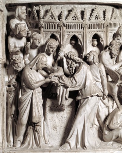 Detail of the reliefs of the Chair by Giovanni Pisano: the presentation of Jesus at the temple (Detail) by Giovanni Pisano