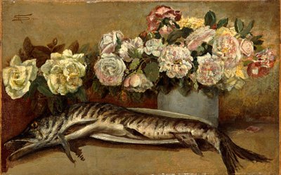 Still life with flowers and fish by Giovanni Segantini