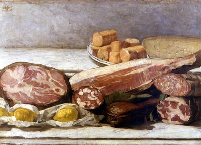 The joy of color, still life of cold cuts. Painting by Giovanni Segantini (1858-1899). 1886. Milan, al. privee by Giovanni Segantini