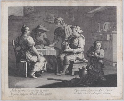Three People Seated Around a Table as a Man Brings an Empty Plate by Giovanni Volpato