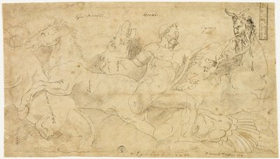 Ancient Relief with Hercules and the Mares of Diomedes (front); Two Sketches: Draped Satyr and Winged Female Figure (back) by Girolamo da Carpi