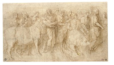 Priests leading a bull, a ram and a boar to an altar, after the Antique by Girolamo da Carpi