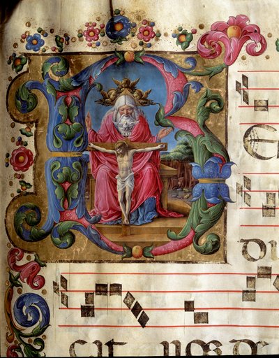 Decorated letter B representing the Holy Trinity (Throne of Grace) God, Jesus Christ and the dove of the Holy Spirit. Miniature by Girolamo da Cremona (active around 1451-1483) from a choir (Cod. 10/L. c.81v) from the Cathedral of Siena. 15th century. by Girolamo da Cremona